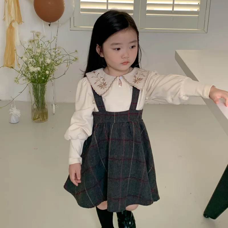 Girls Clothes Long Sleeve Lapel Overalls Two Piece Set Retro Plaid Skirt Wool Dress Outing Suit Children Clothing