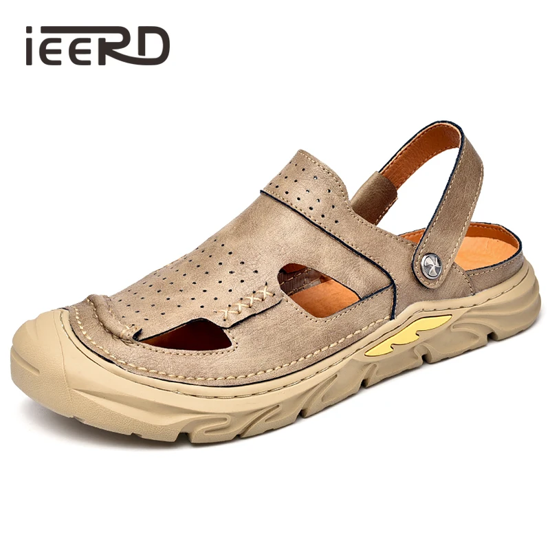 

IEERD Genuine Leather Men Sandals Outdoor Casual Beach Sandals Summer Breathable Footwear Large Size Hollow-Out Man Shoes