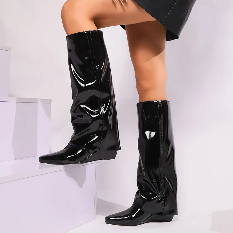 Женские сапоги на одинарном каблуке осенние новые остроконечные боковые молнии