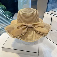 sunscreen spring summer wide brim fisherman cap for women girls foldable beach cap sun hat bucket hat bow straw hat