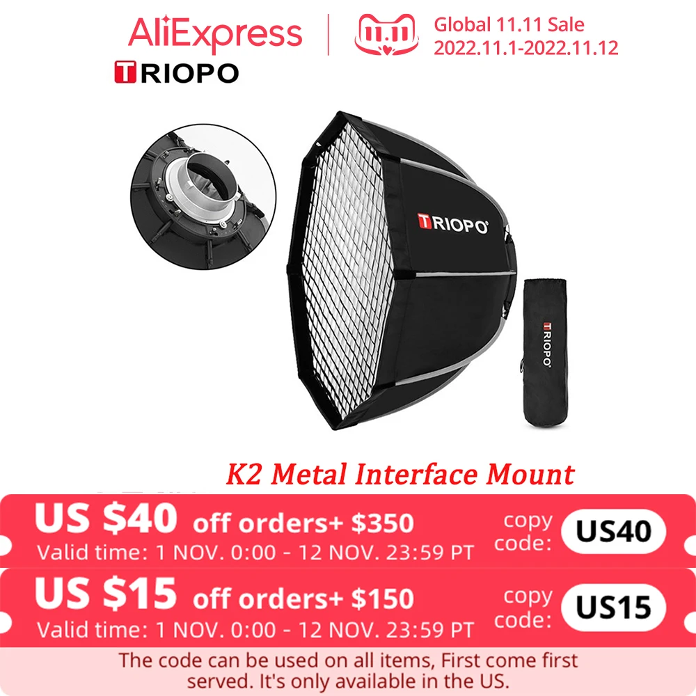 

Triopo K2 55cm 65cm 90cm 120cm Quickly Release Bowens Mount Octagon Softbox + Honeycomb Grid Outdoor Soft Box for Flash