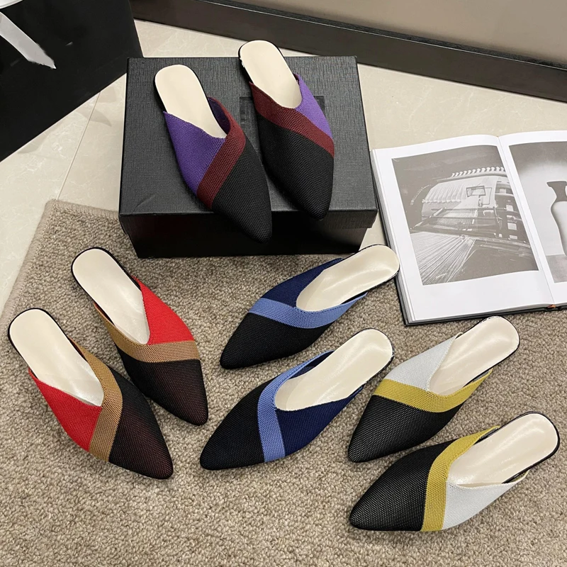 Color Contrast Design  Knitted Mule Shoes Woman Summer Breathable Mesh Slide Sandals Ladies  Pointed Toe Flat Slippers Plus Size