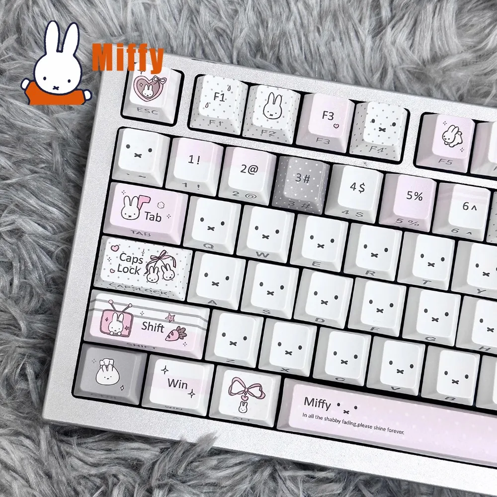 Фото Набор кейкапов для механической клавиатуры Kawaii Miffy: милый кролик, пастельные серо-розовые цвета, PBT, сублимационная печать, аксессуар для рабочего стола, подарок для офисной сотрудницы №4