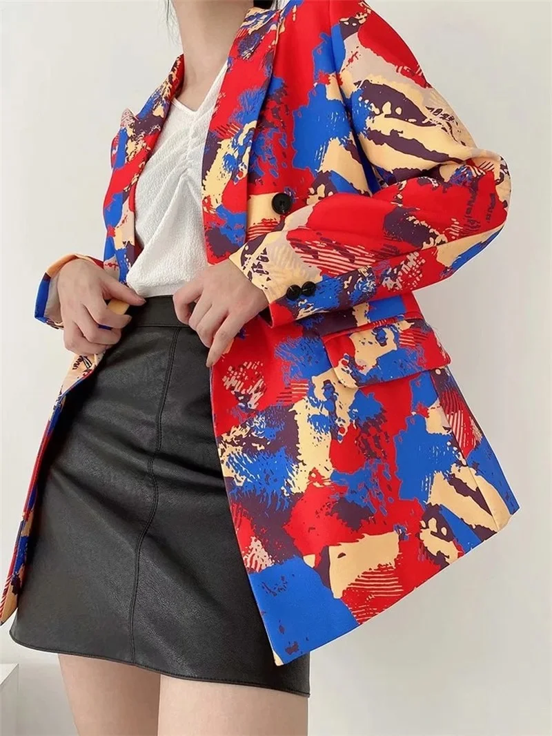 Red Graffiti Printed Blazer Suit Harajuku Women Loose Double Breasted Casual Office Blazer 2021 Spring Autumn New All-Match Suit