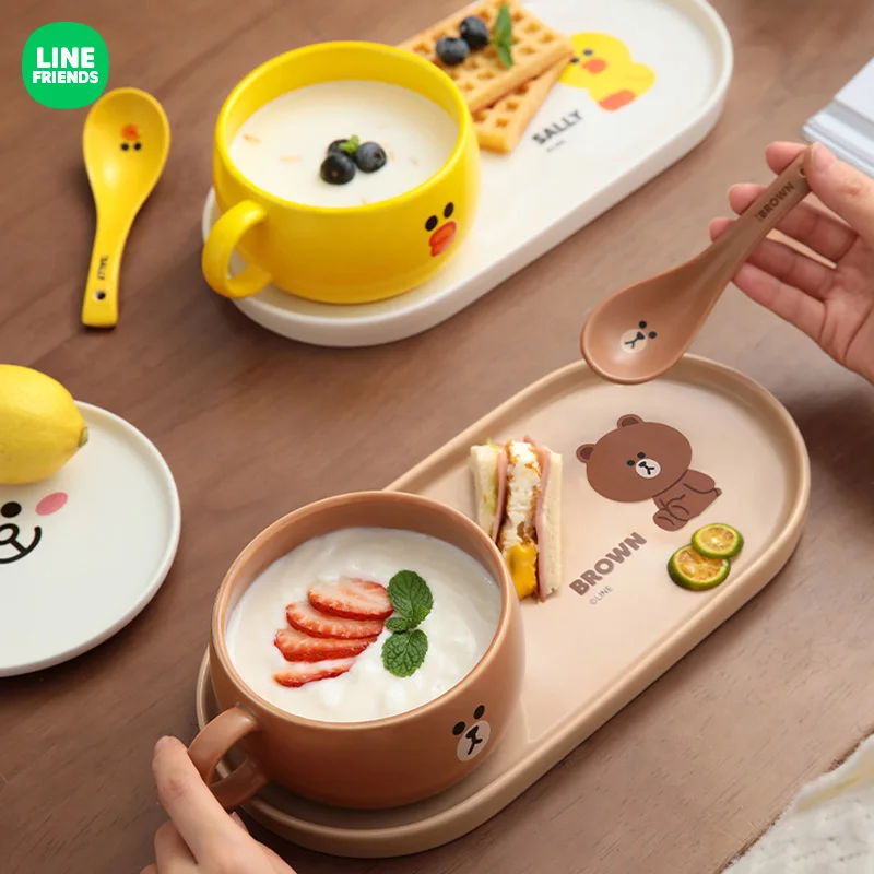 Kawaii LINE FRIENDS Anime Hobby Brown Cony Sally Home Kitchen Ceramic Personal Cutlery Set Exquisite Bowls, Plates and Spoons