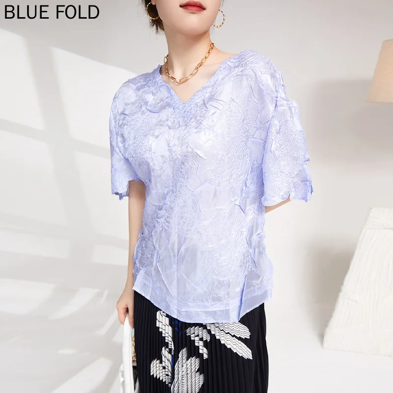 High-end Fabric Fashion Pleated T-shirt Top V-neck Mid-sleeve Summer New All-match Pullover Small Shirt Women's Clothing MIYAKE