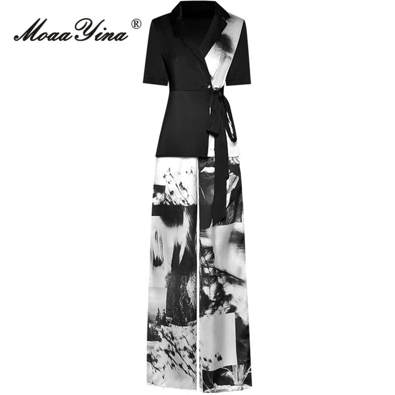 MoaaYina летний модный подиумный винтажный комплект со штанами с принтом Женский