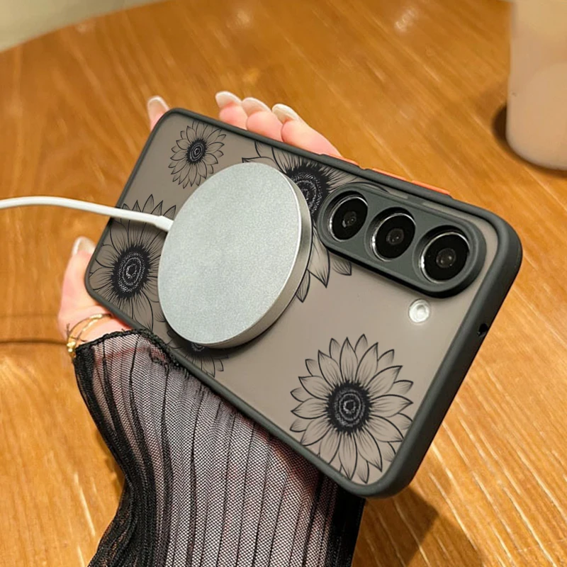 Магнитный чехол Magsafe Hollow Sunflower Floral Case для Samsung Galaxy A55 A54 A35 A25 A15 A34 5G S21 FE S22 S23 S24 Ultra Capa