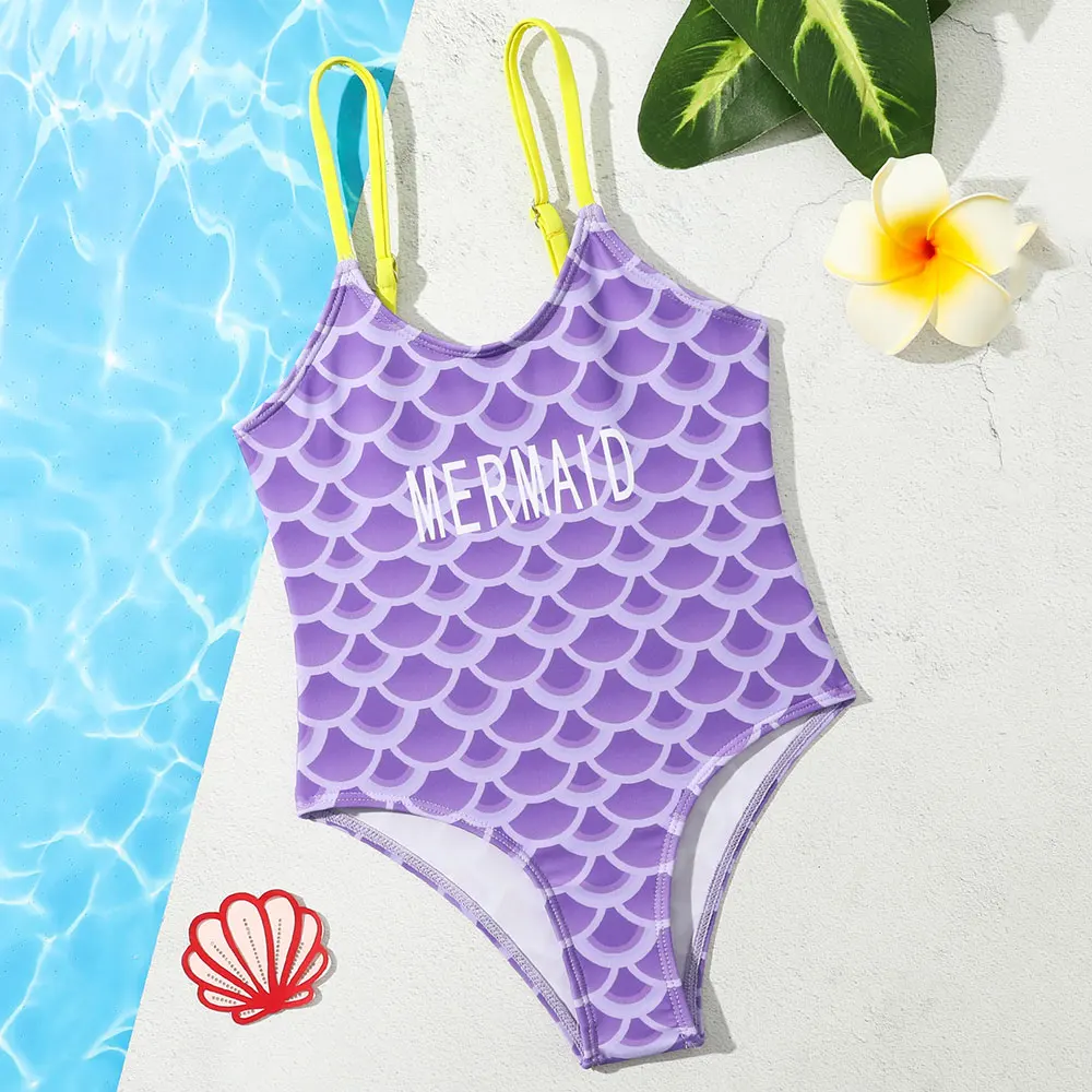 

Girls Fish Scale Print One Piece Swimsuit Kids Mermaid Letter Children's Swimwear Teen Swimming Bathing Suit Monokini Beachwear