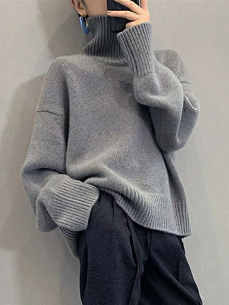 Women's Turtleneck Sweater Autumn Winter Korean Fashion Loose Black Long Sleeve Top Solid Color Simple Casual Women Pulovers