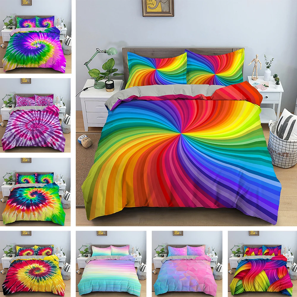 

3D Rainbow Print Duvet Cover Psychedelic Swirl Bedding Set Quilt Cover With Zipper Adults Kids 2/3pcs Queen King Size Bed Covers