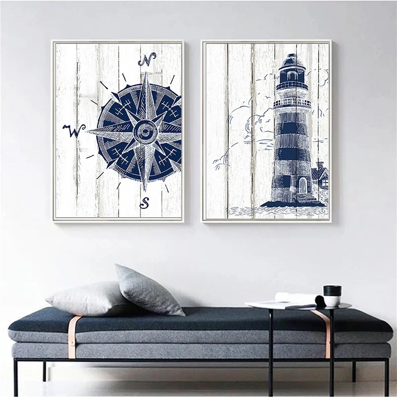 Морская диаграмма маяк якорь компас картина на холсте