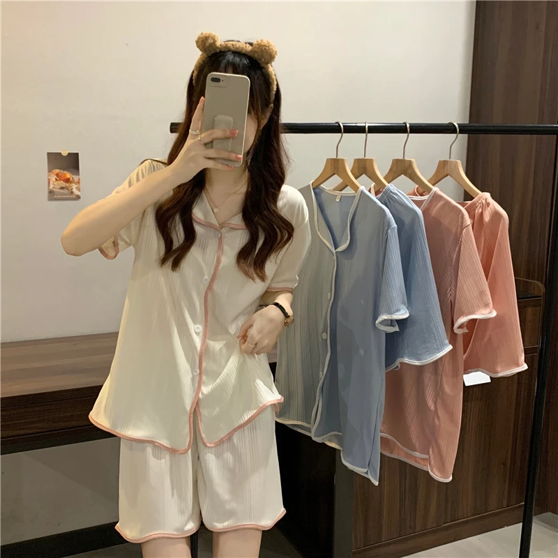 

Net red thin color contrast short sleeved pajamas two-piece set women's summer 2022 new loose externally wearable home clothes s