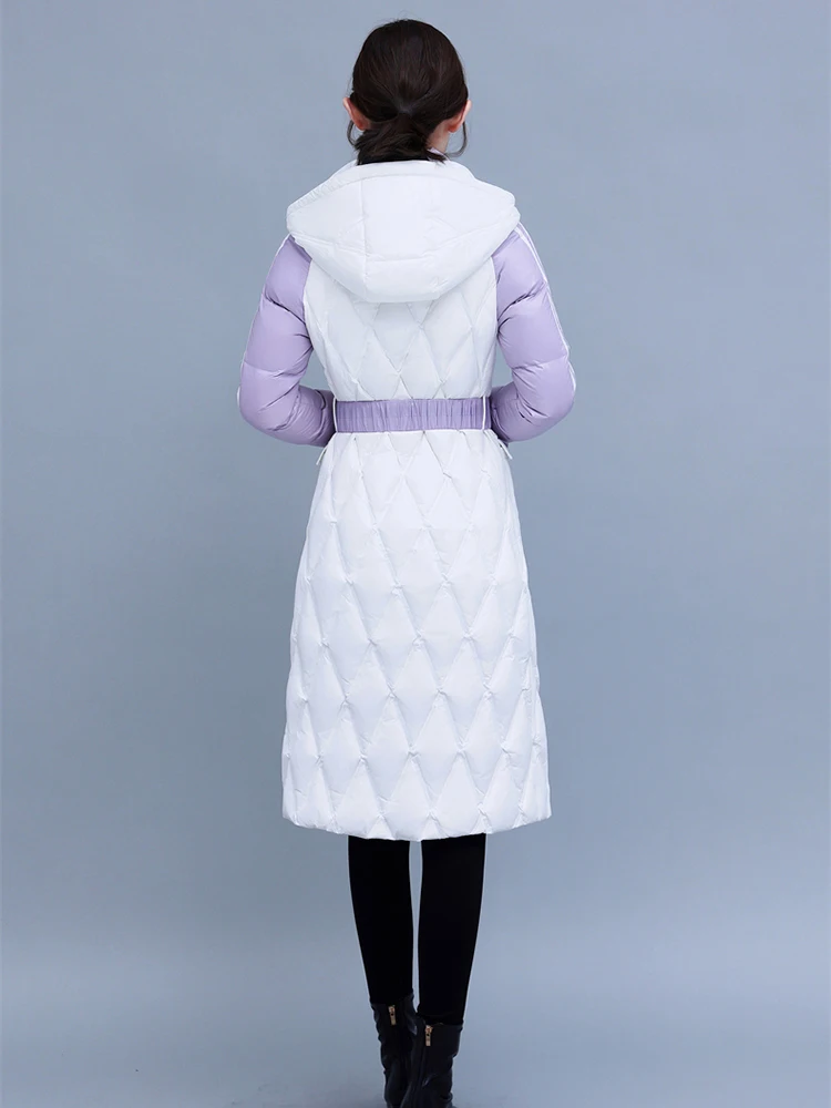 New Women Winter Down Jacket Sweet Fashion Hooded Color Blocking Strecth Belt Medium Long Thicken Warm Slim Down Jacket Female