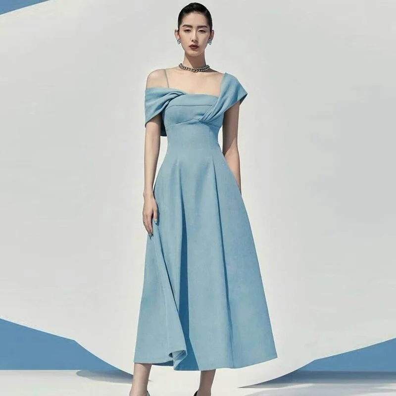 

2023 High Quality Runway Autumn Blue Party Dress Elegant Women Asymmetry Diagonal Collar Short Sleeve Female Slim Waist Long Ves