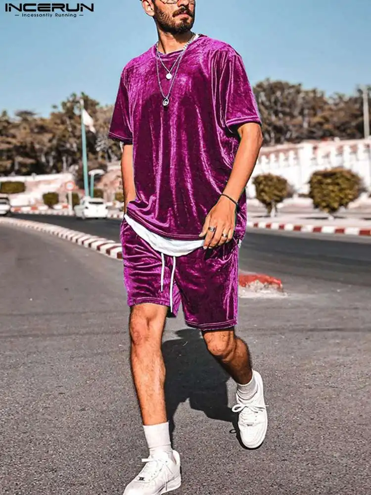 

Fashion Men's Solid All-match Shorts T-shirts Sets Loose Comfortable INCERUN Tops 2022 Male Hot Sale Simple Holiday Suits S-5XL
