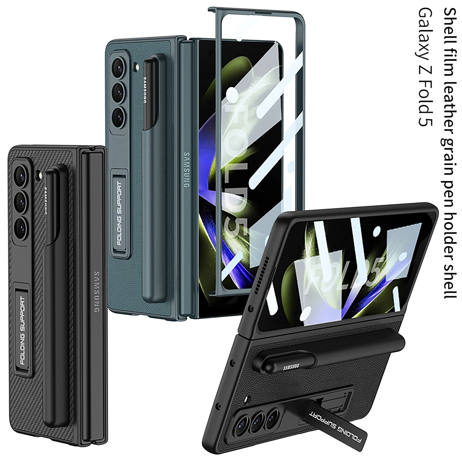 S Pen Holder Cover for Samsung Galaxy Z Fold 5 Case Fold5 Slim Leather Skin with Kickstand Hard Plastic Cover Glass Film