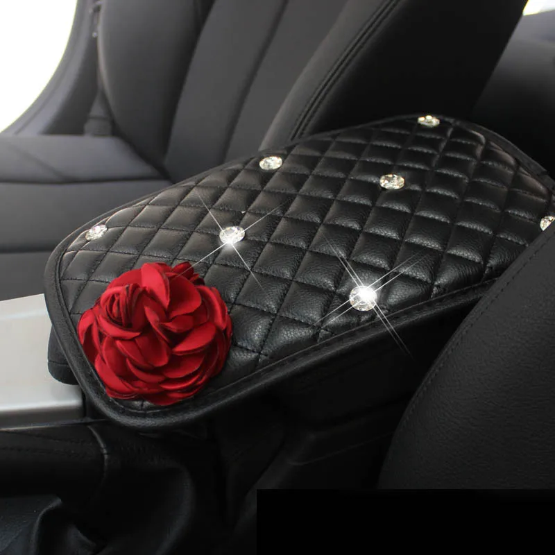 

Leather Universal Car Armrest Pad Covers Creative Rose Flower Rhinestone Crystal Auto Center Console Arm Rest Seat Box Pad Women