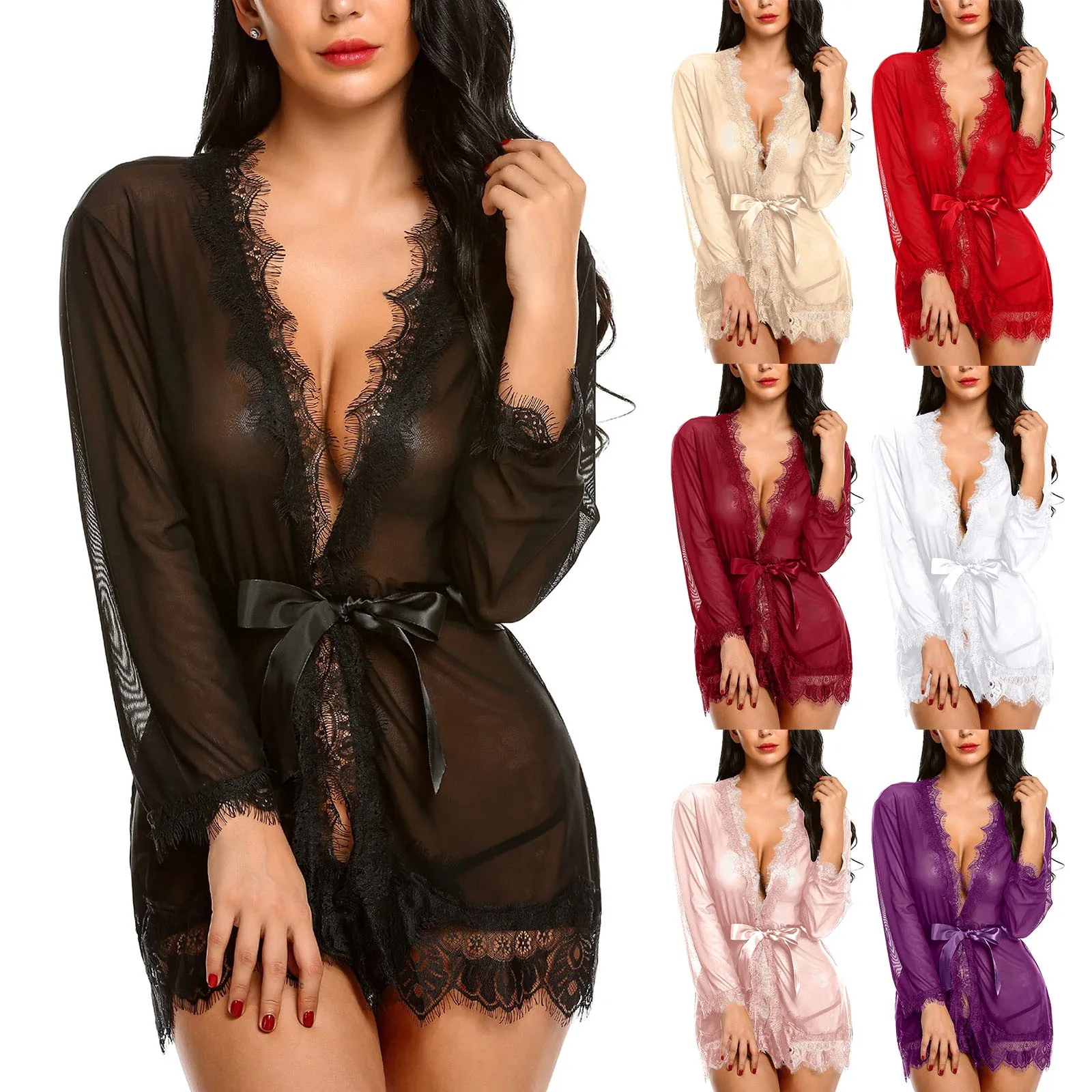 

Women's Sexy Mesh Eyelashes Lace Sexy Bathrobe Nightdress Pajamas Sexy Lingerie 2022 Hot Women Nightdress Lingerie Pornographiqu