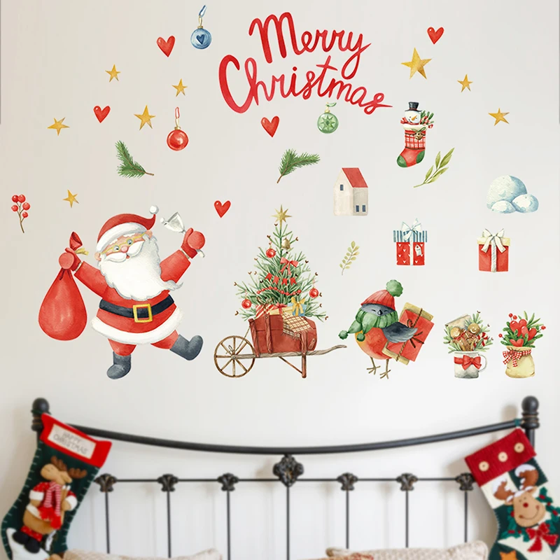 

Рождественская красная подарочная коробка с Санта-Клаусом, Цветочные наклейки на стену для гостиной, спальни, стеклянные окна, искусственн...