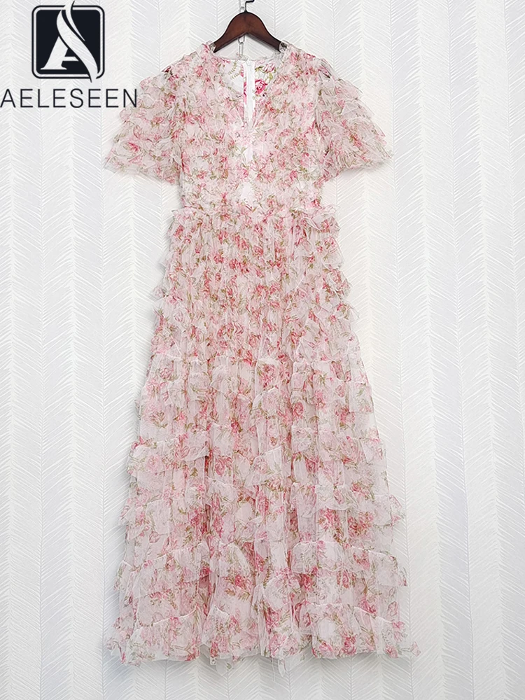 AELESEEN Women Summer Layered Dress Runway Fashion Flare Sleeve 3D Ruffles Pink Flower Printed Elegant Long Party Vacation