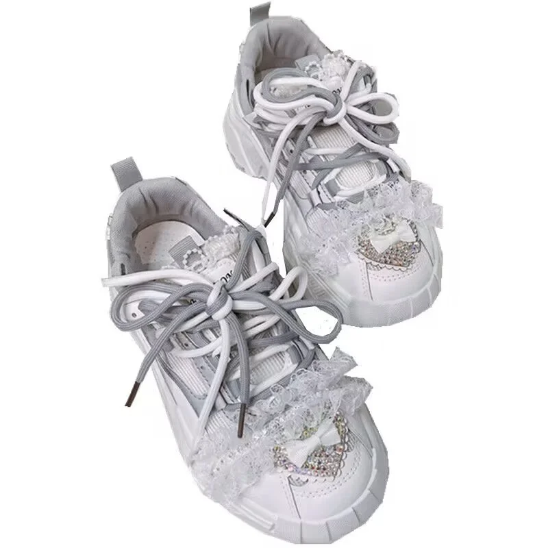 

Handmade custom white canvas sneakers lace two-color LACES inside increase plus size women's 35-40