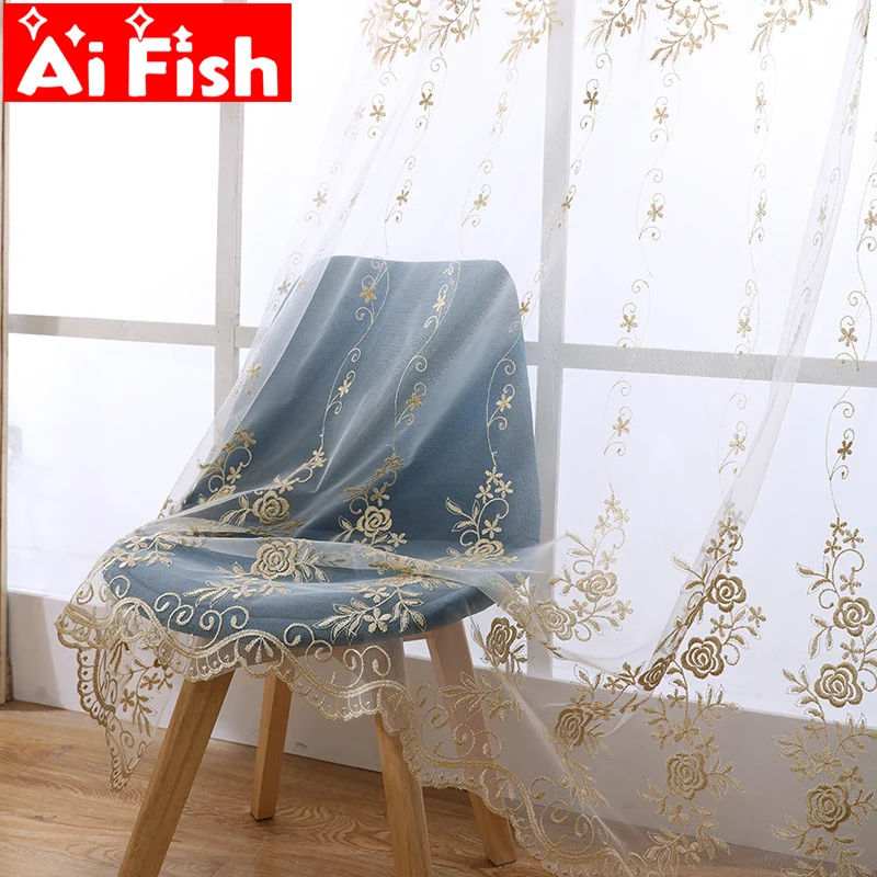 

Luxury Gold Floral Curtain Tulle Window Sheer Curtain For Living Room Lace Voile Bedroom Kitchen Window Screening Panel ZH001-4