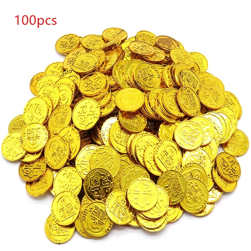 100pcs Pirates Gold Coins Poker Chips Plastic Board Game Coin Kid Party Supplies Fake Gold Treasure Halloween Decoration Toy