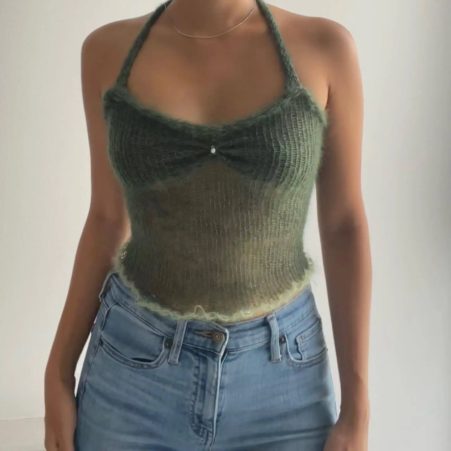 

2022 summer Gradient Knitted Mohair Y2K Summer Hollow Out Cute Halter Backless Tank Streetwear 90S Girls Crop Top Sexy Camis