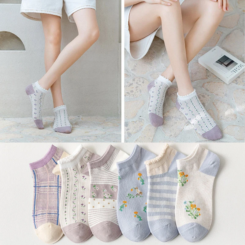 

5 Pairs Women Socks Harajuku Kawaii Spring Autumn Funny Print Sox Meias Floral Birds Female Soft Cotton Girls Casual Ankle Socks