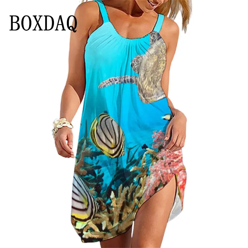 

Bohemian Beach Style Women Dress Cute Cartoon Sea Turtle Print Knee-Length Dress Summer New Sleeveless Casual A-Line Dress Femme