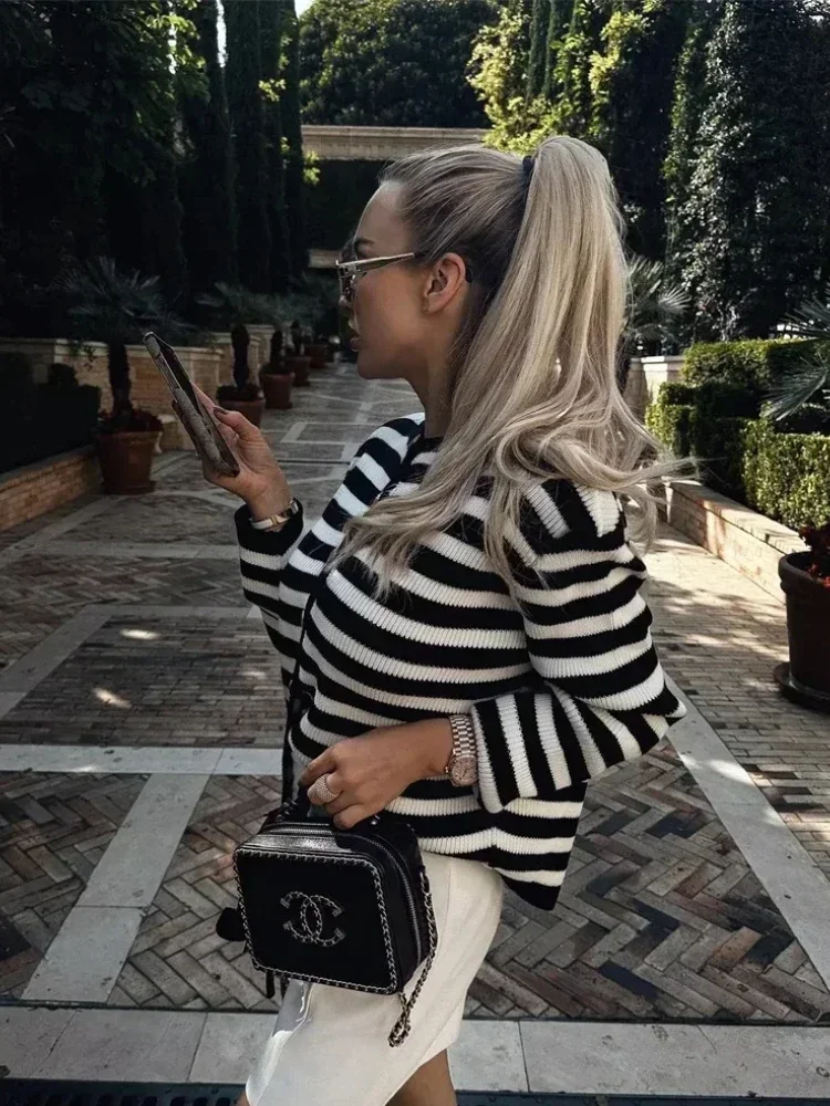 Женский Полосатый Вязаный Свитер Кардиган С Круглым Вырезом И Длинными Рукавами