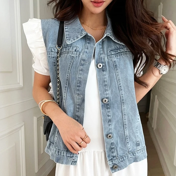 

SuperAen 2022 Ruffle Single Breasted Trun Down Collar Short Denim Vest Woman Jacket