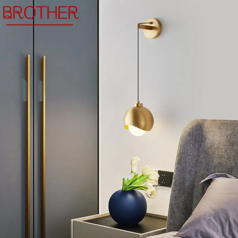 

BROTHER Contemporary LED Internal Wall Sconce Brass Creative Simplicity Gold Glass Bedside Lamp for Home Bedroom Decor