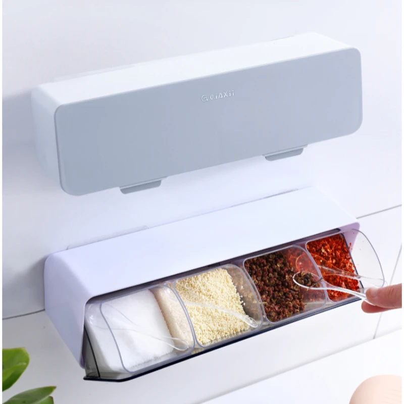 Wall Mounted Seasoning Box Spice Jars Set Kitchen Organizer and Storage Container Cocina Tool  Free of Punch Kitchen Gadgets