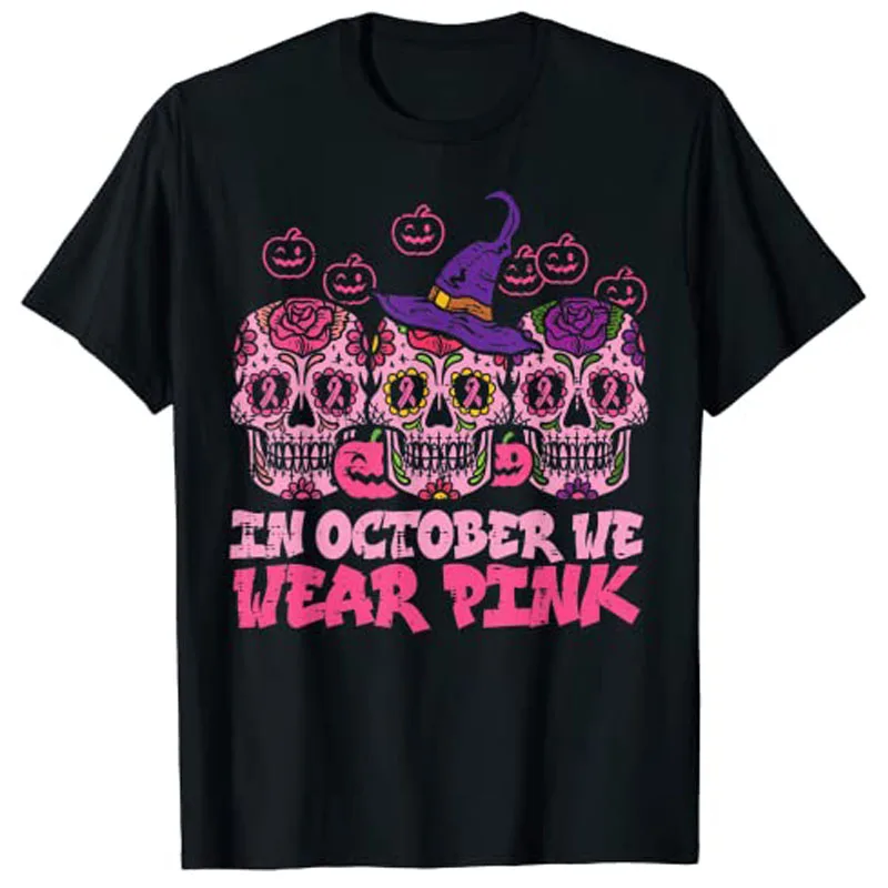 

In October We Wear Pink Sugar Skull Halloween Breast Cancer Graphic T-Shirt Tee Shirts Tops for Women