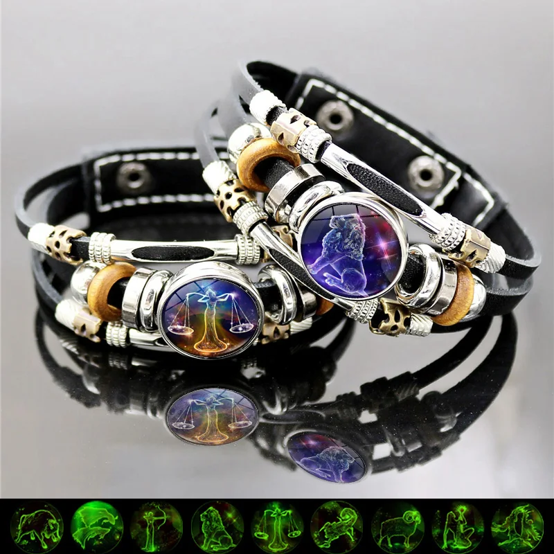 

Luminous 12 Zodiac Signs Constellation Charm Bracelet for Women Vintage Handmade Multilayer Weave Snap Button Leather Bracelet