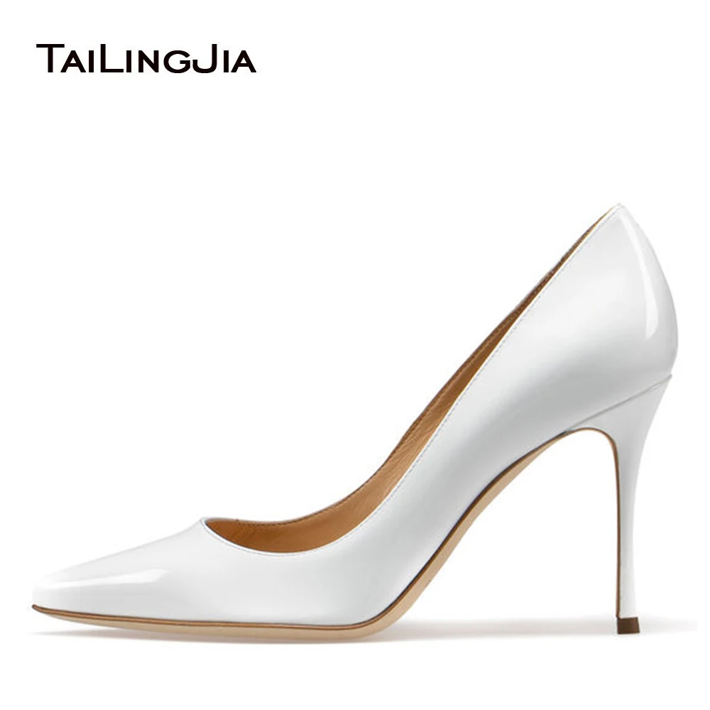 

Trendy Bride White Patent Leather Stiletto Heel Pointed Toe High Heels Fashion Evening Ladies Pumps Wedding Shoes For Women