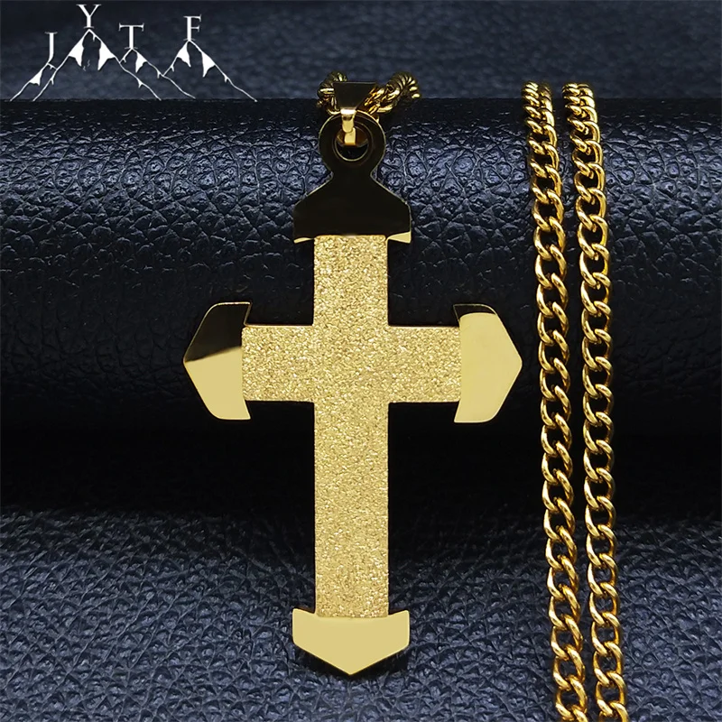 

Classic Christian Cross Stainless Steel Necklaces Shiny Long Big Gold Color Amulet Pendant Necklace Jewlery collier croix N4528