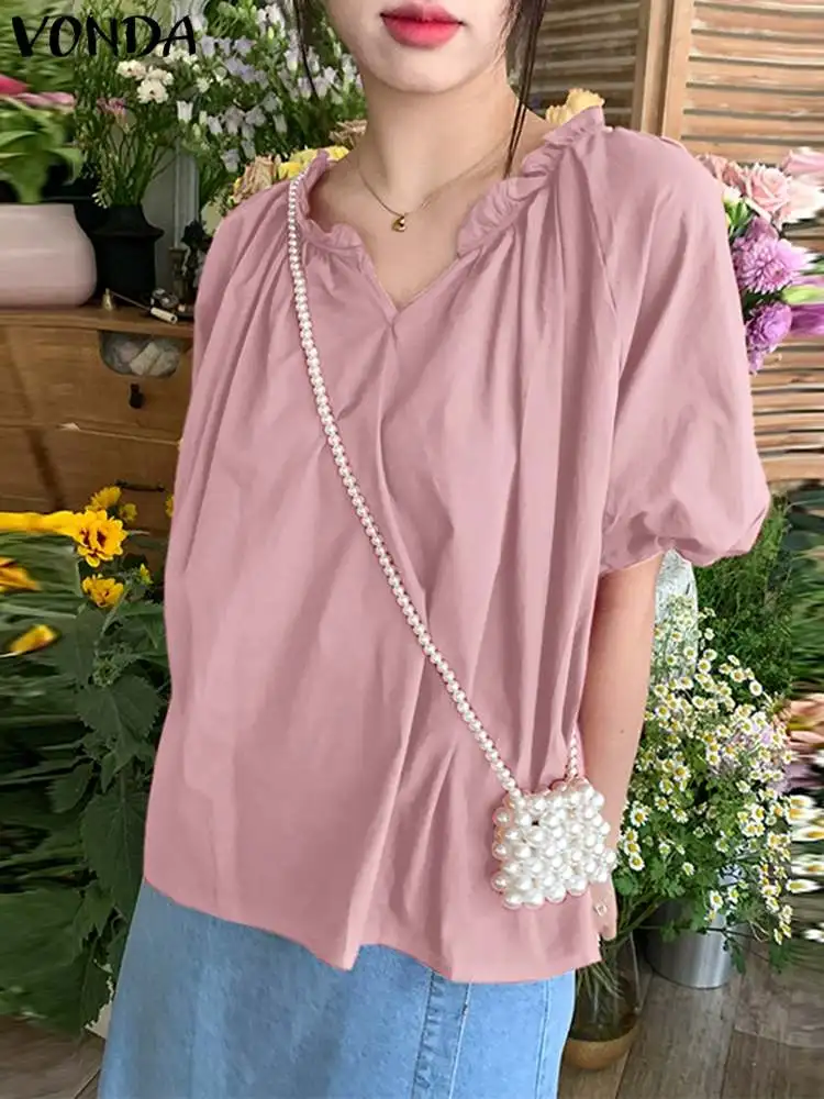

Модные Повседневные Блузки VONDA, женские топы с коротким рукавом, летние однотонные рубашки 2023, сексуальные женские блузки с V-образным вырезом и оборками