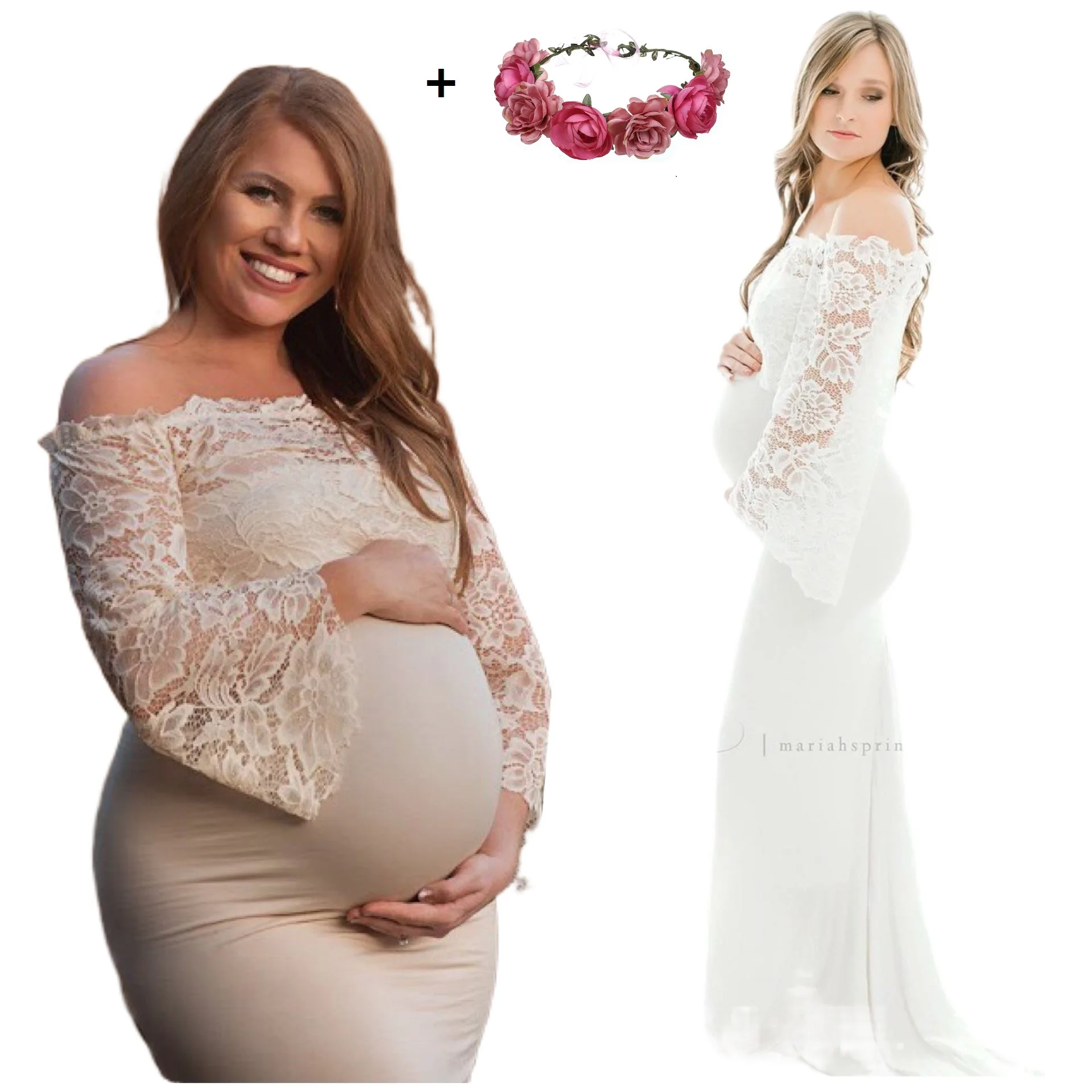 Enlarge Pregnant Women Long Sleeve Lace Long Maxi Dress Long Maxi Maternity Dress Photography Props Pregnant Lace Dress Gown with Wreath