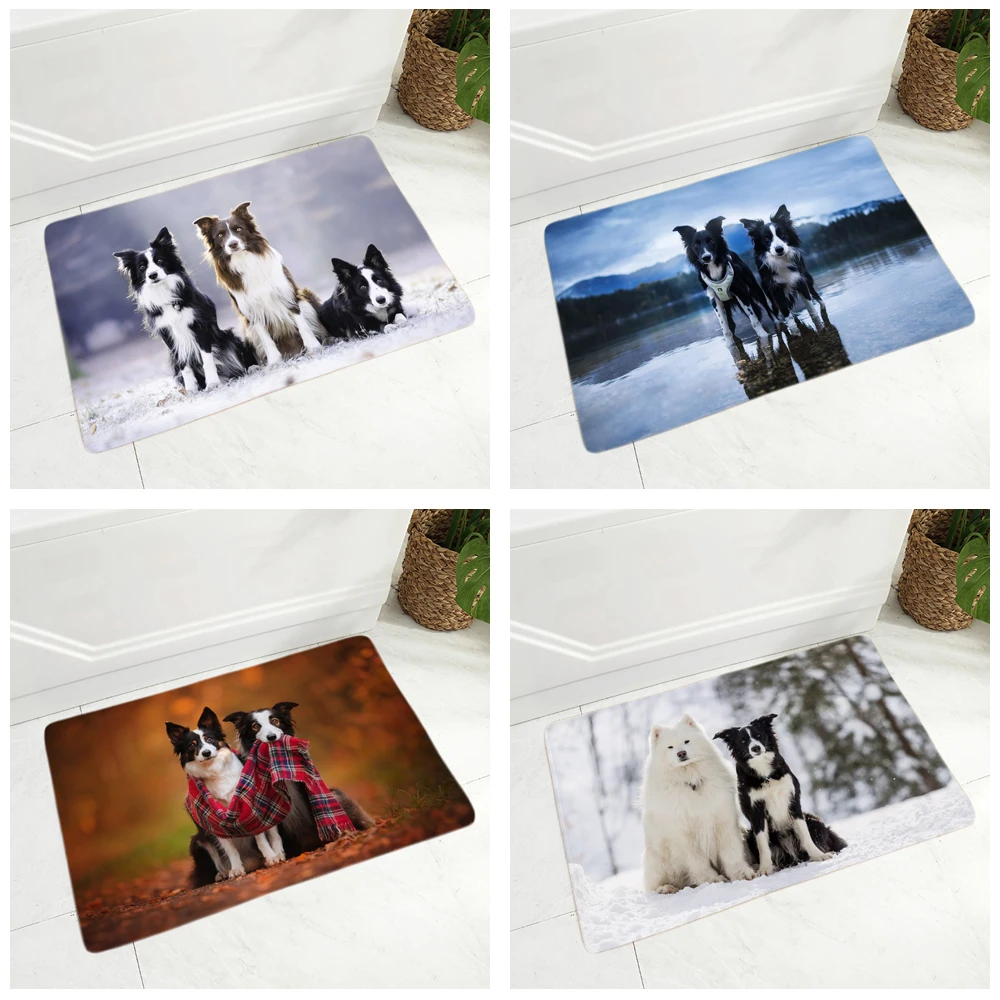 

Pet Scottish Border Collie Pattern Floor Mat Home Kitchen Bathroom Floor Decoration Door Mat Soft Flannel Carpet