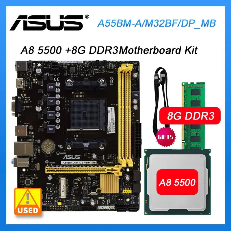 

AMD A55 Motherboards kit with A8 5500 and DDR3 DIMM 8G Asus A55BM-A/M32BF Motherboards set Socket FM2+ PCI-E 2.0 Micro ATX