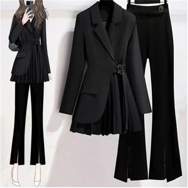 

Summer 2023 Personalized Lace-up Pleated Jacket Blazer Loose Wide Leg Pants Two-piece Elegant Women's Pants Suit Office Outfits