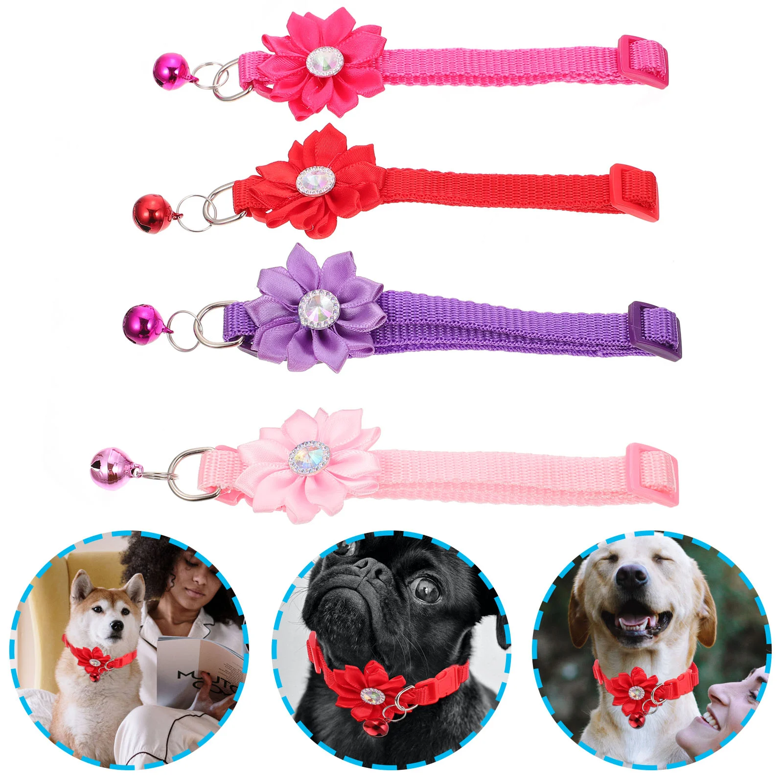 

4Pcs Pet Flower Collar Decorative Cat Dog Collar with Bell Simple Neck Decors