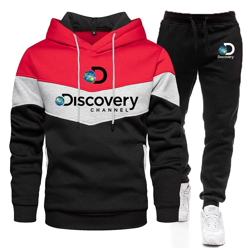 New Patchwork Discovery Channel Men's Hoodies Sweatshirt+Sweatpants Suit Autumn Winter Warm Sportswear Sets Men Hoodie Pullover