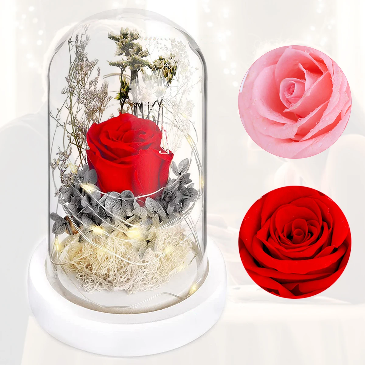 

Цветы в стекле, вечная настоящая Роза, искусственные розы с куполом и деревянной основой, подарки для женщин и девушек на батарейках