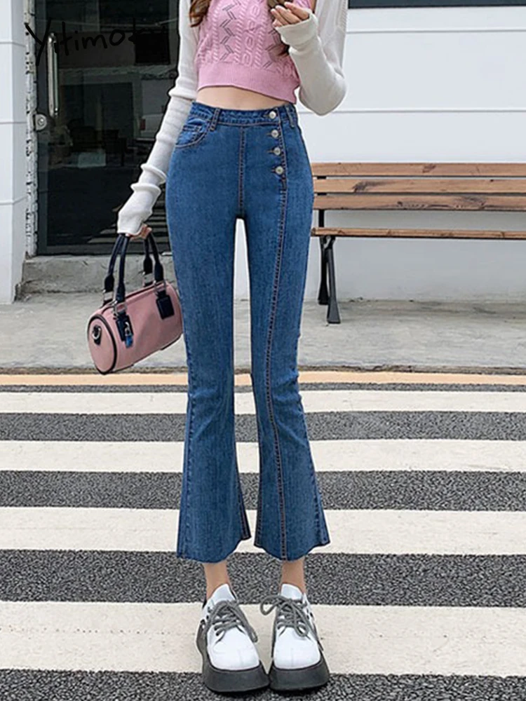 

Yitimoky Stretch High Waist Jeans Fashion Womens Skinny Jeans Woman Blue Washed Pencil Pants Buttons Zipper Ladies Trouser 2022