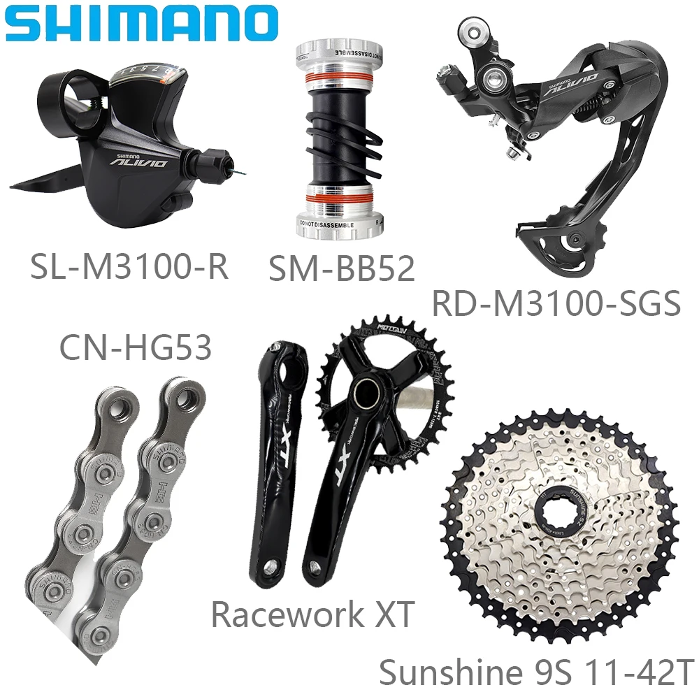 SHIMANO M3100 9-скоростные комплекты переключателей KMC X9/HG53 Chain Racework XT Crankset Sunshine 9s 11-42/46/50T