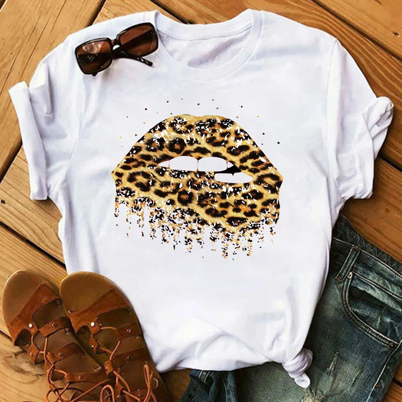 

Women's T-shirt unny Big Lips Leopard Print Top Female Tshirt O-neck Streetwear Tees Short Clothes